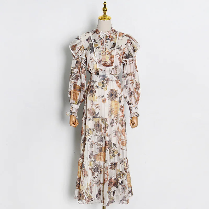 Vestido De Gasa Women'S Maxi Dress 2021 Ruffle Long Sleeve Drawstring Vintage Maxi Luxury Chiffon Kaftan Dresses for Women