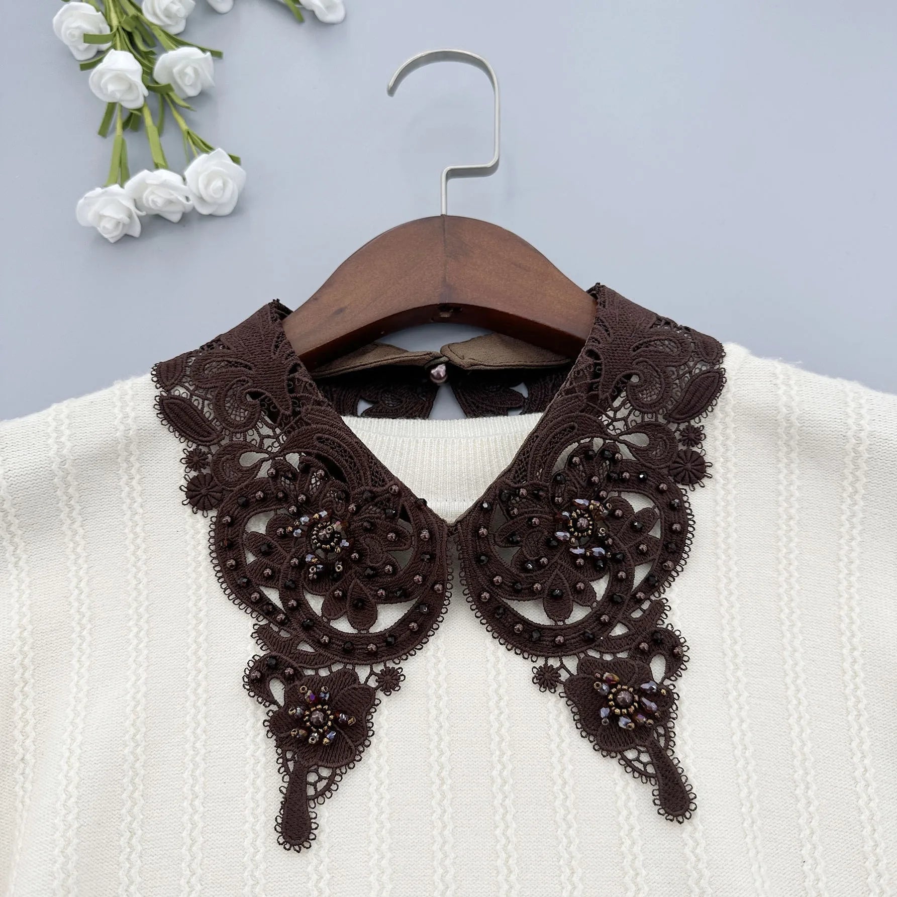 LHY Fashion Detachable Peter Pan Fake Collar for Women Choker Necklace Beaded Pearl Rhinestone Lace Applique Accessory