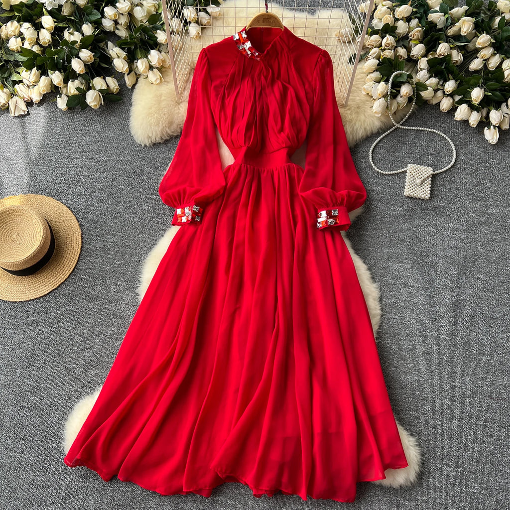 Roman Stand Collar Tunic Slim Pleated Midi Dress For Women Empire Lace Dress