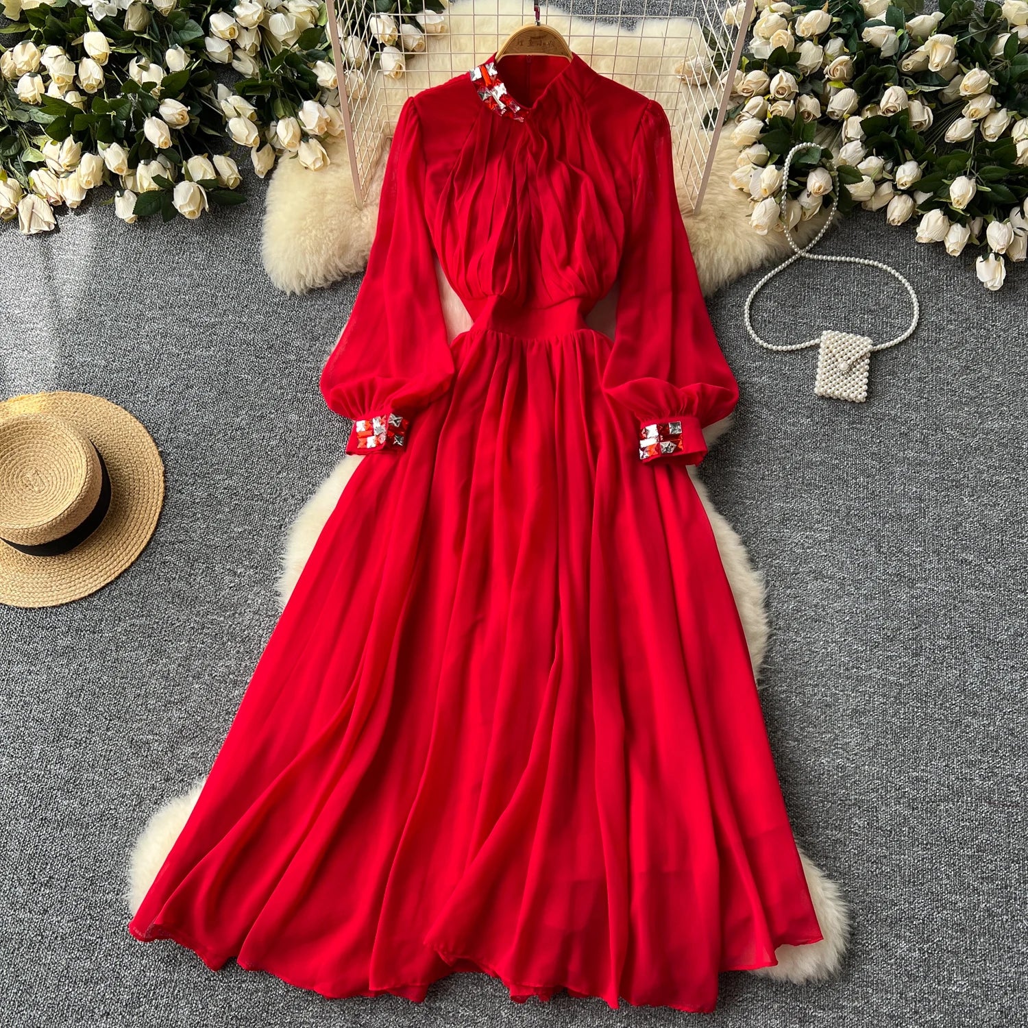 Roman Stand Collar Tunic Slim Pleated Midi Dress For Women Empire Lace Dress