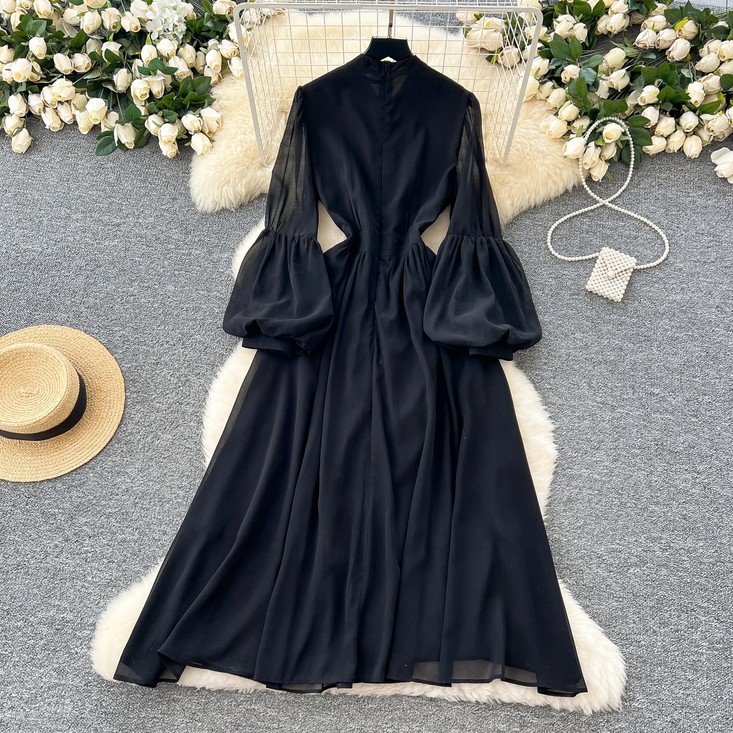 2025 Spring Roman Tunic Slim Casual Midi Dress For Women Lantern Sleeve Empire Lace Dress