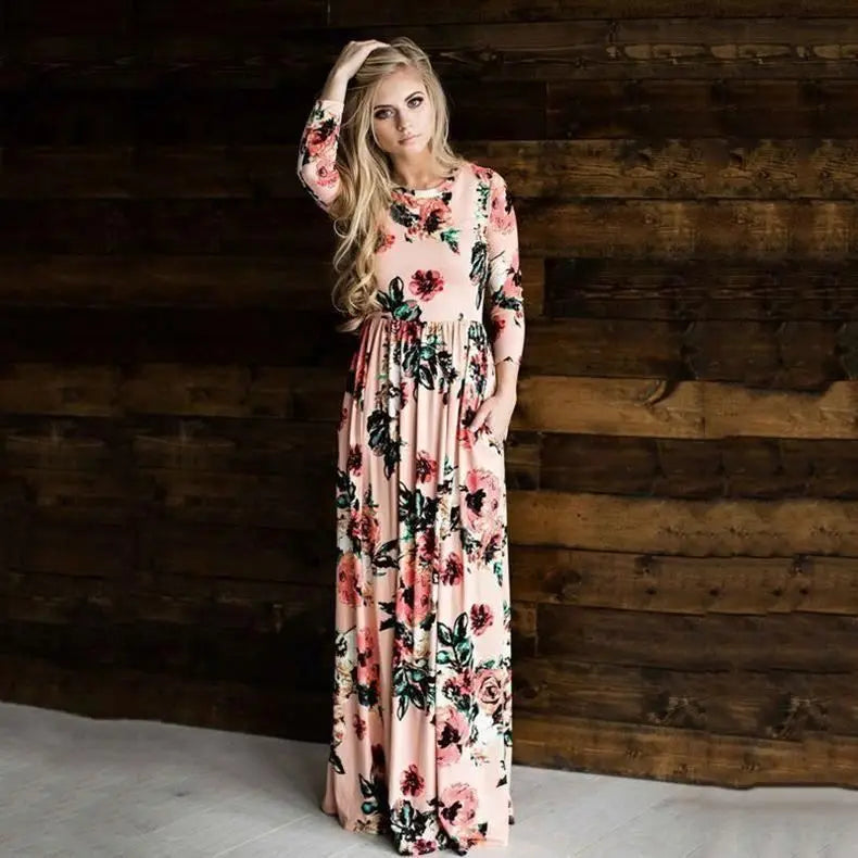 Wholesale Fashion Long Sleeve Women Beach Dress Colorful Stock Floral Long Maxi Women Dress
