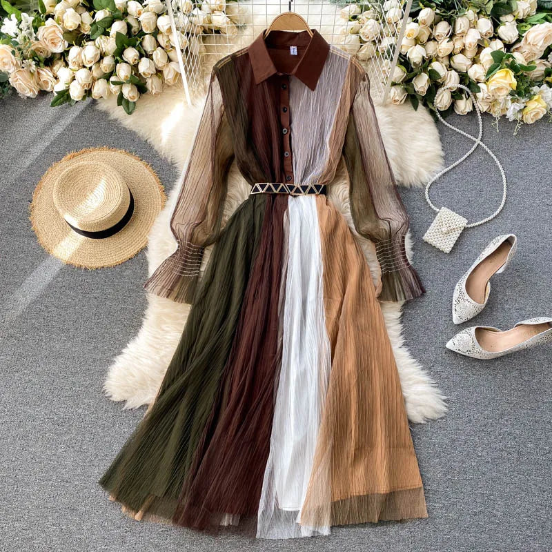 New Arrival Summer Sexy Women's Hit Color Dresses Bohemian Casual Slim A-Line Beach Maxi Dress Mesh Vestidos With Belt