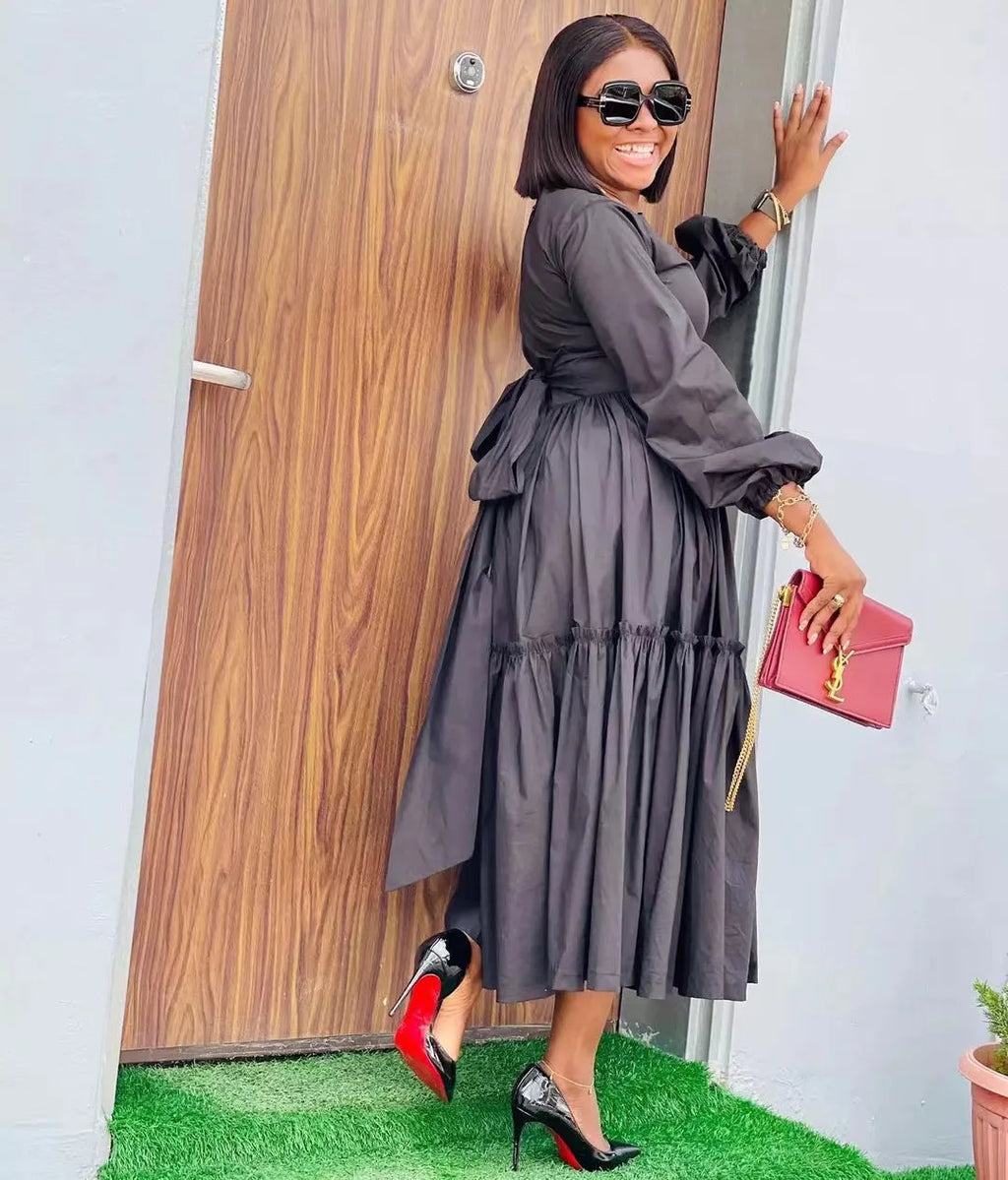 JL446 Long Sleeve Pleated Zipper Long Maxi Dress Ladies Casual Dresses Women with Belt
