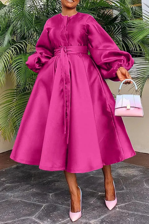 Women Satin Casual Fashion Lantern Sleeve Dress Belted Button a Line Long Dresses Flowy Maxi Dress