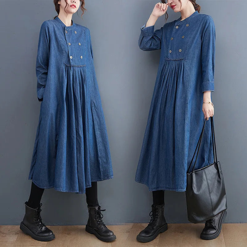 2024 Autumn New Women Dress Fashion Casual Long Loose Waist O-neck Long Sleeve Large Size Loose Double-Breasted Denim Lady Dress