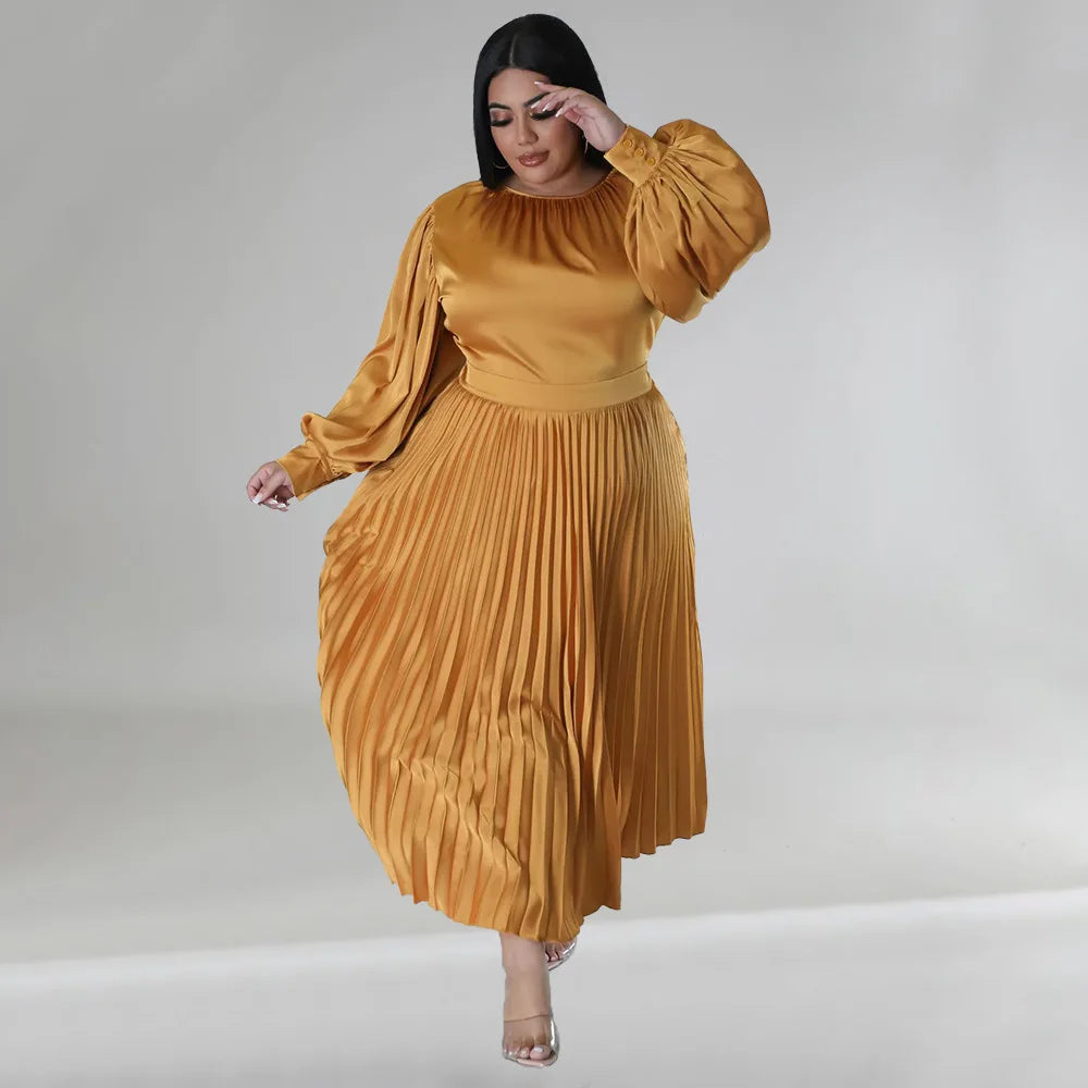 N7729 Best Selling Plus Size Womens Dresses Solid Color O-Neck Long Sleeve A-line Maxi Dress Ladies Pleated Dress