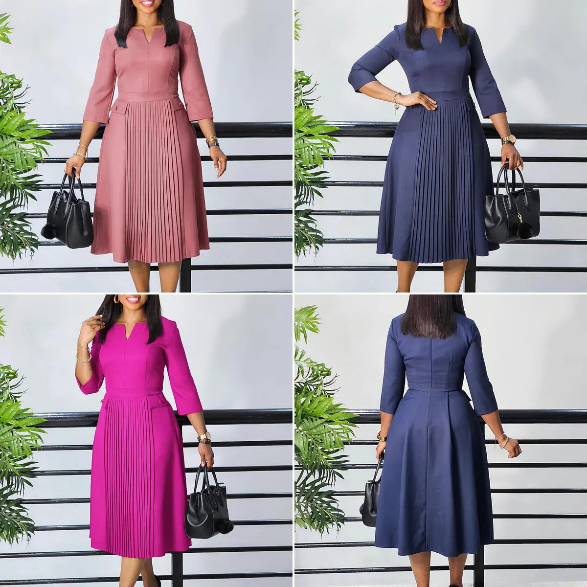 Elegant Pleated Solid Midi Dress