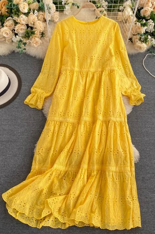 Long Sleeve O-Neck Solid A-Line Dress Autumn Hollow Out High Waist Midi Dress Ladies Casual Dress Clothes Women Wholesale