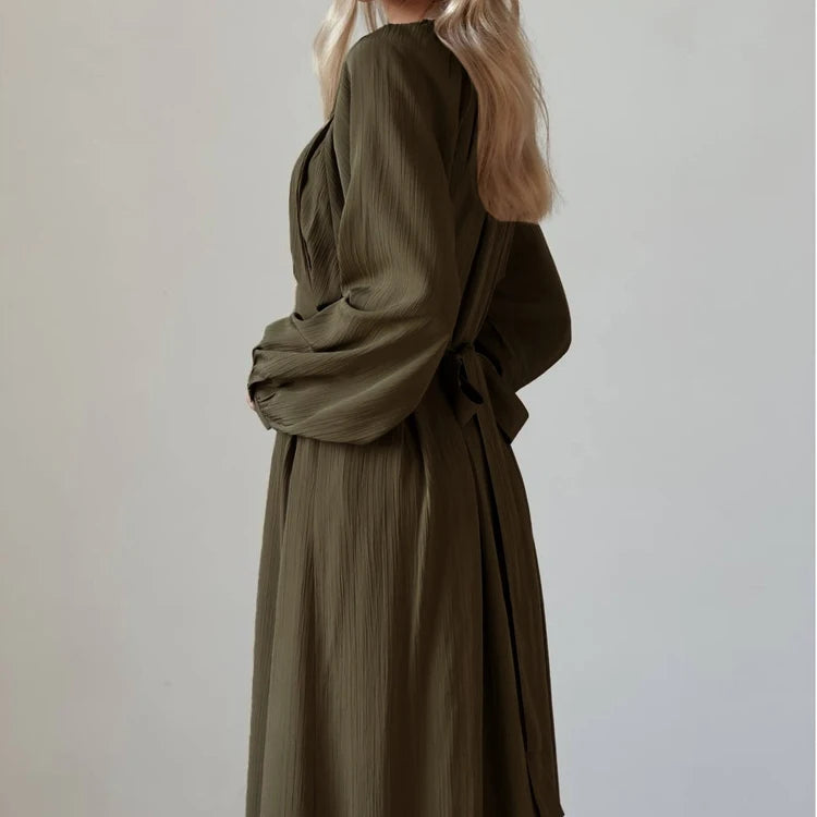 Spring Autumn Fall Button-Up Belted Plisse Elegant Dresses Green Women's Casual Long Sleeve Modest Maxi Dress Ladies