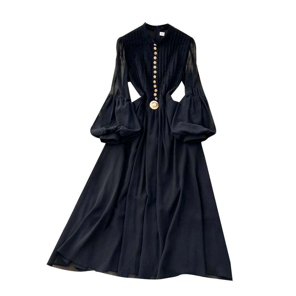 2025 Spring Roman Tunic Slim Casual Midi Dress For Women Lantern Sleeve Empire Lace Dress