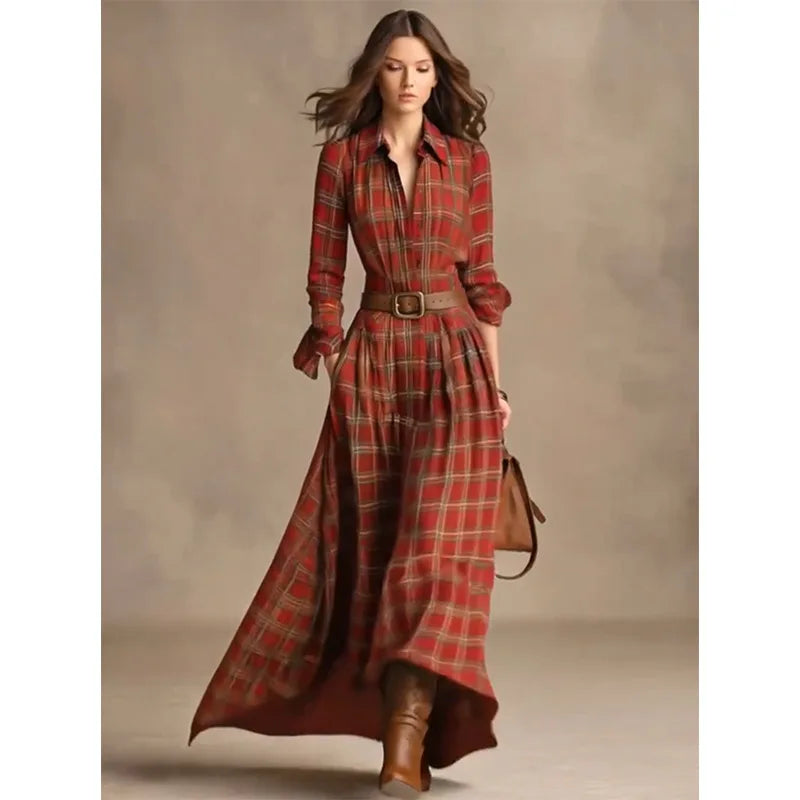 Autumn Vintage High Waist Maxi Dress Red Plaid A-Line Casual Breathable Washable Anti-Static Long Sleeve Lining Boho