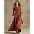 Autumn Vintage High Waist Maxi Dress Red Plaid A-Line Casual Breathable Washable Anti-Static Long Sleeve Lining Boho