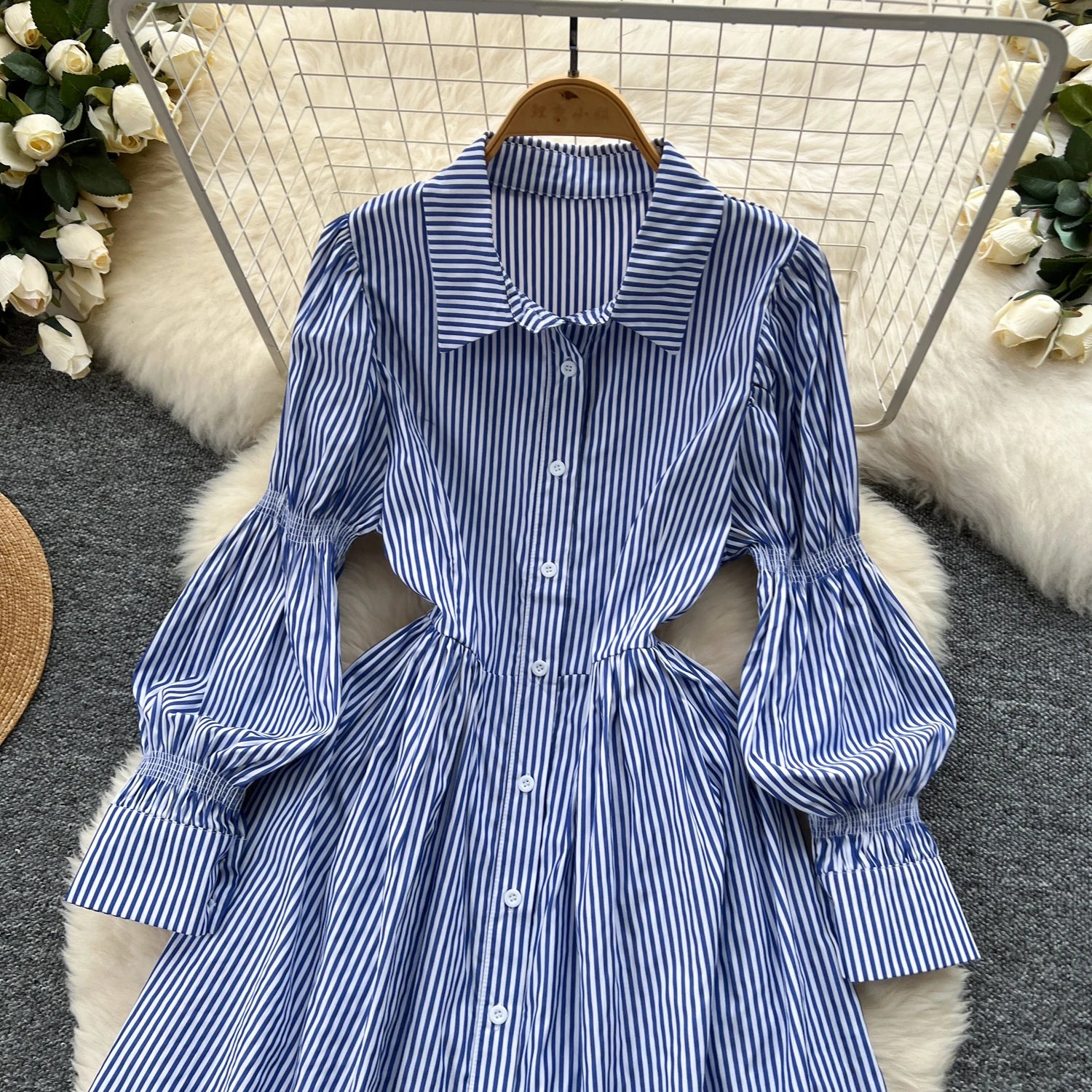 2025 Spring Korean Midi Dress For Women Puff Sleeve Empire Lace Dress