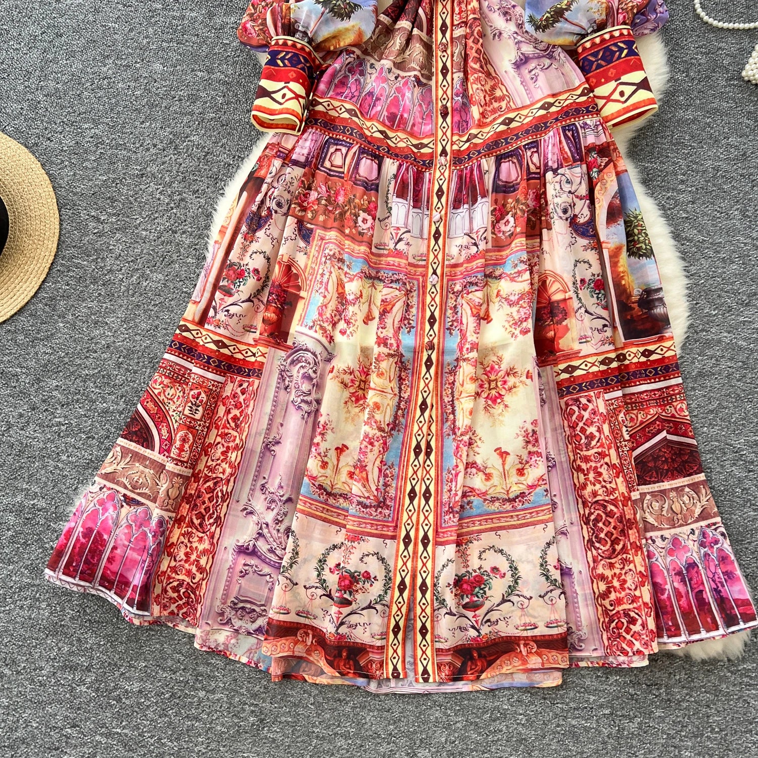 Spring Stand Collar Tunic Casual Midi Dress For Women Lantern Sleeve Empire Printed Lace Dress