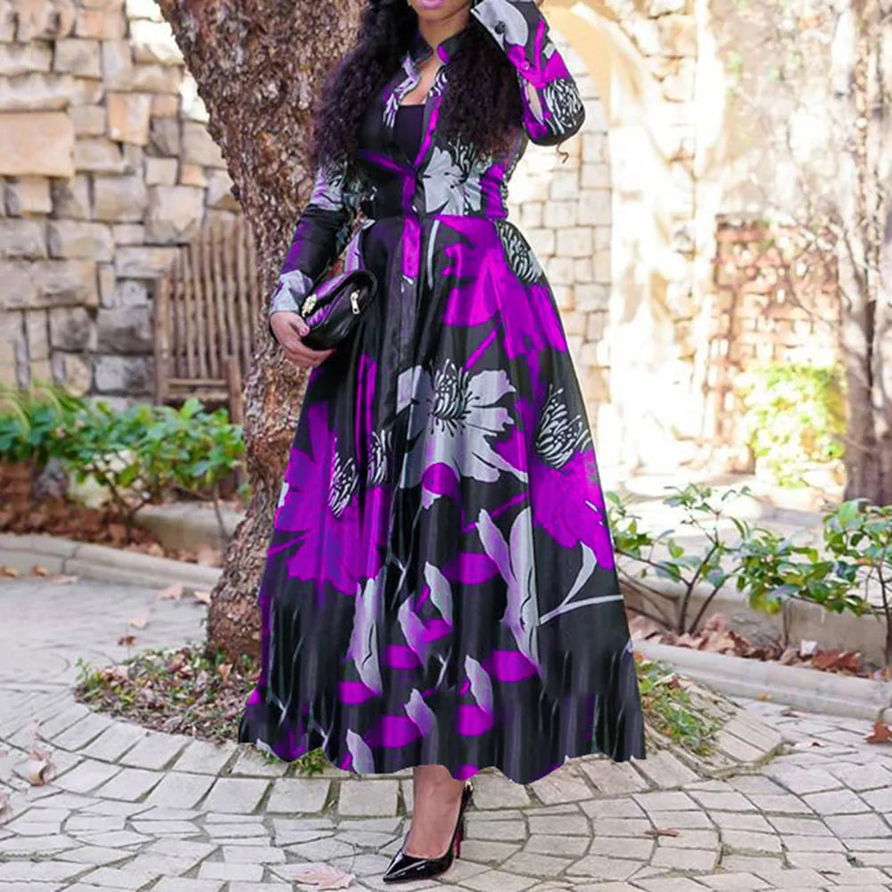 YQY2017 Trendy Summer Dresses Women Casual Long Sleeve A-line Floral Printed Maxi Dress Ladies Office Dresses for Women