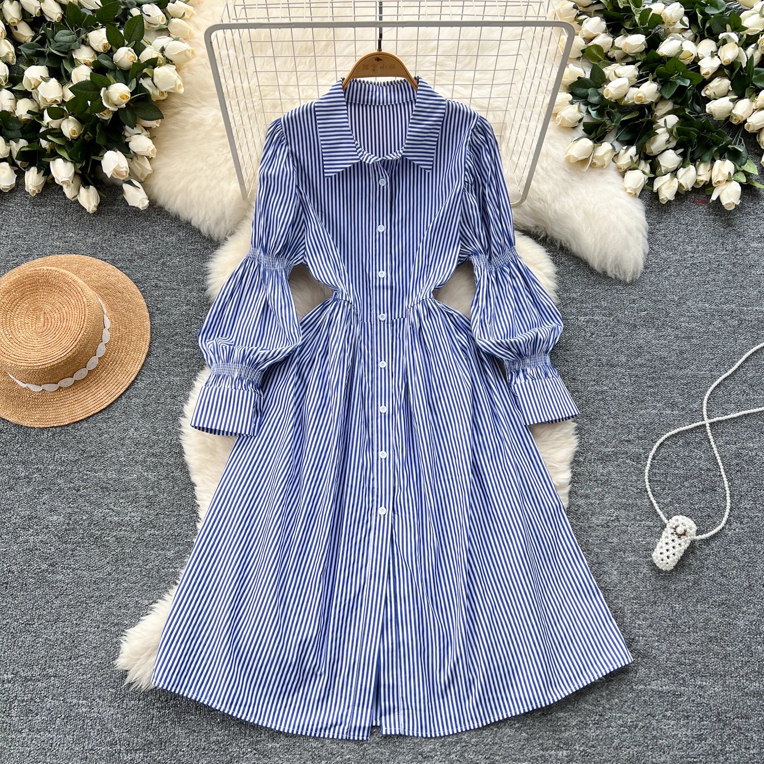 2025 Spring Korean Midi Dress For Women Puff Sleeve Empire Lace Dress
