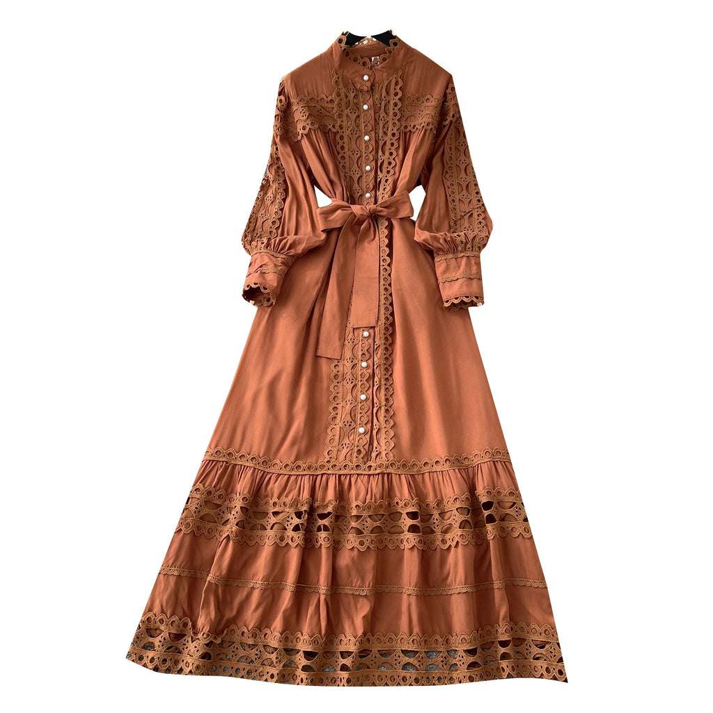 Vintage Tunic Bandage Casual Midi Dress For Women Lantern Sleeve Empire Patchwork Hollow Out Lace Dress