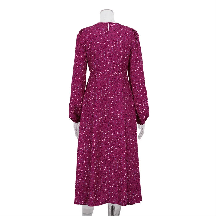 Vestidos Women Elegant Autumn Casual Dresses O Neck Hollow Out Long Sleeve Pink Floral Print Ladies Midi Maxi Dress With Zipper