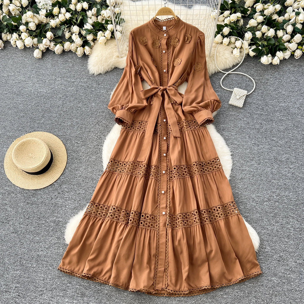 Spring Roman Tunic Casual Midi Dress For Women Empire 3D Patchwork Lace Dress