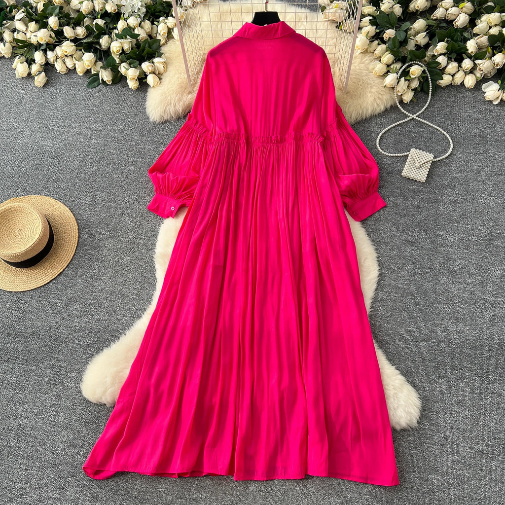 2025 Spring Vintage Slim Shirt Midi Dress For Women Lantern Sleeve Empire Shift Lace Dress