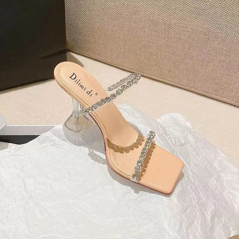 New Summer Western Style European and American Wind Metal Chain Lag Slipper High-heeled Sandals Female Mature Sexy Women Shoes