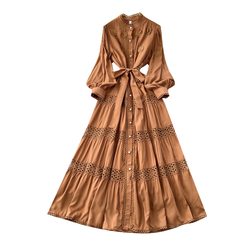 Spring Roman Tunic Casual Midi Dress For Women Empire 3D Patchwork Lace Dress
