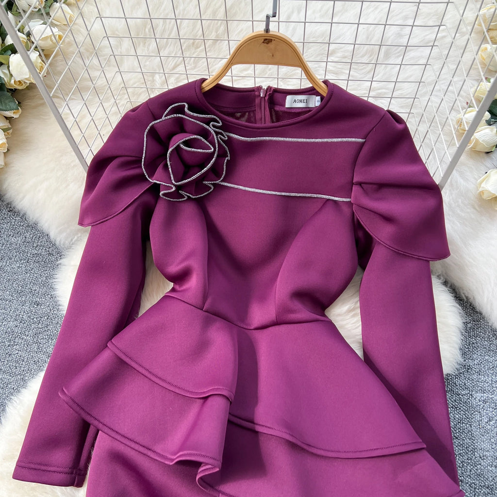 Plus Size Spring Elegant Slim Casual Midi Dress For Women Empire 3D Ruffled Lace Dress