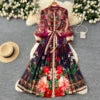 Spring Vintage Tunic Slim Pleated Midi Dress For Women Empire Printed Lace Dress