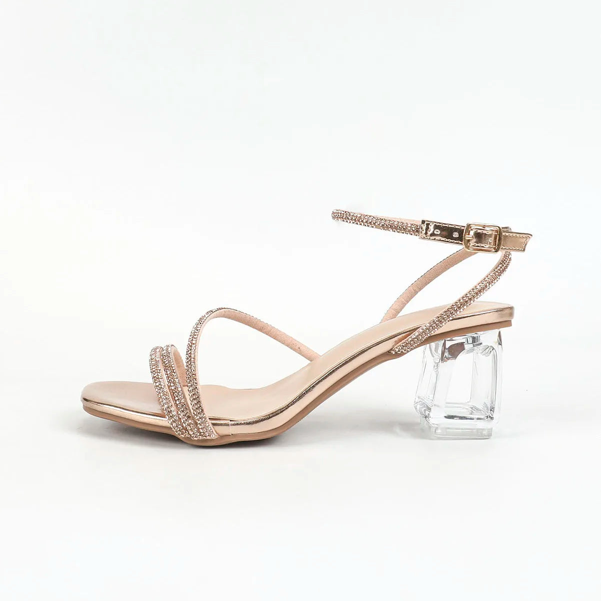 2025 Summer Fashion champagne Diamond Buckle Crystal Heel Thick Heel Sandals Women's Party Sandals