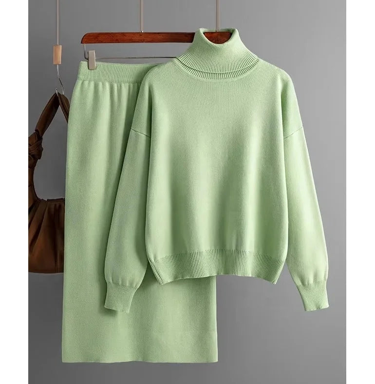 Fashion Two Piece Set Autumn and Winter New Knitted Set for Ladies Outer Wear High Collar Sweater Skirt Set Female Wholesale