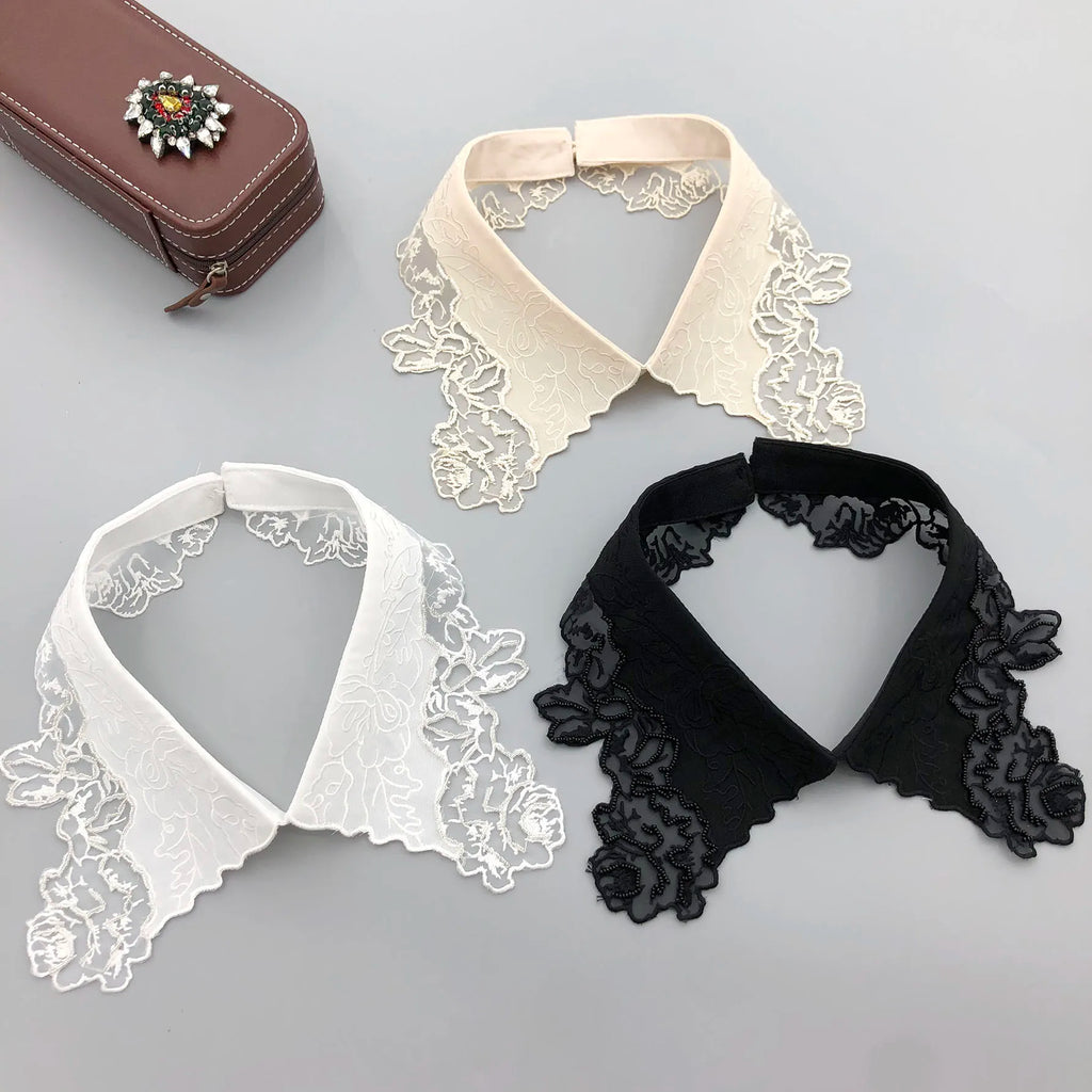 Detachable Lace Embroidered Fake Collar Beaded Floral Choker Neckline Decoration for Women Girls Wedding Accessory