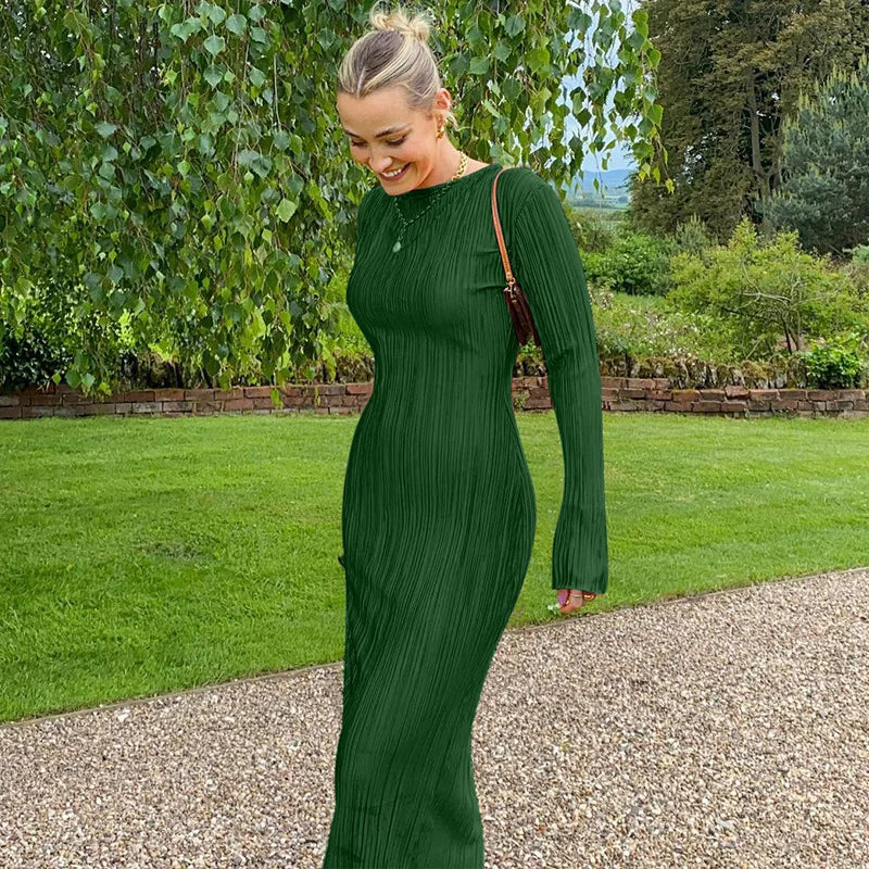 Enyami Spring Collection Plisse Casual Dresses Women Robe Elegance Long Sleeve Pleated Basic Orange Bodycon Maxi Dress