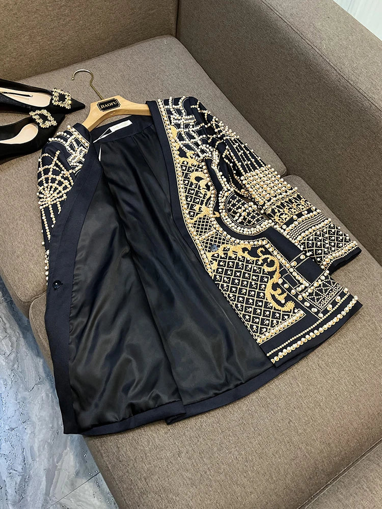 Fine Workmanship Luxury Beads Women Blaze rRetro Printed V-neckline Hidden Snap Ladys Fall Winter Blazer