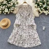 Spring Roman O-Neck Tunic Slim Casual Midi Dress For Women Lantern Sleeve High Elastic Waist Floral Ruffled Lace Dress