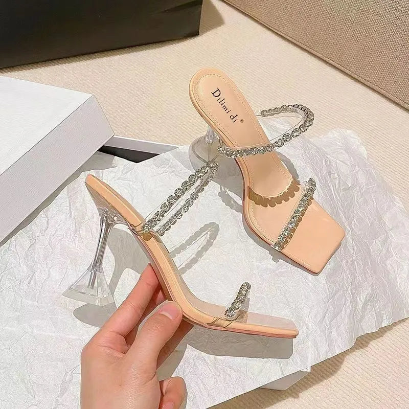 New Summer Western Style European and American Wind Metal Chain Lag Slipper High-heeled Sandals Female Mature Sexy Women Shoes