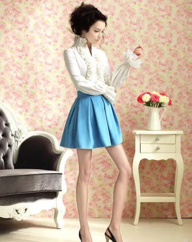 US Women Solid Lady Shirt Frilly Ruffle shirt Tops Flounce Casual Blouse Clothes Shirts