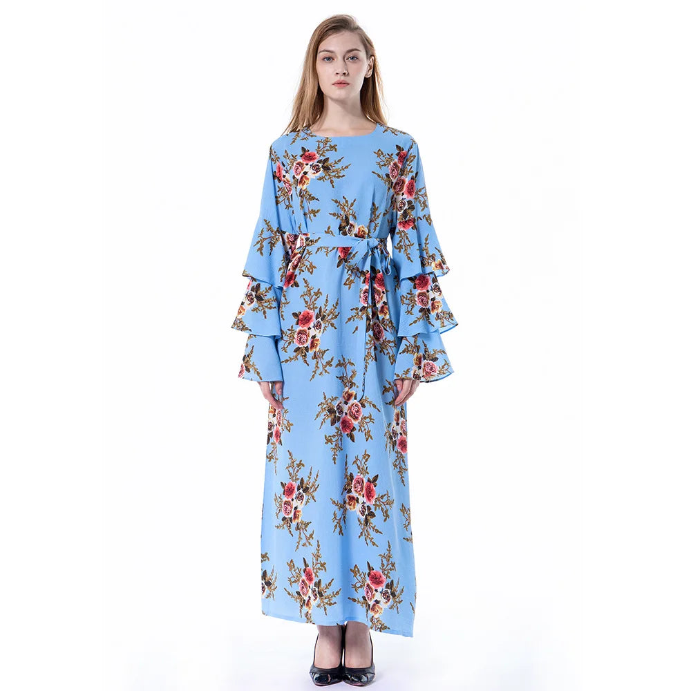 YSMARKET Women Islamic Dress Floral Embroidery Long Sleeve Tassels O Neck Muslim Dress Blue White Striped Maxi Dress