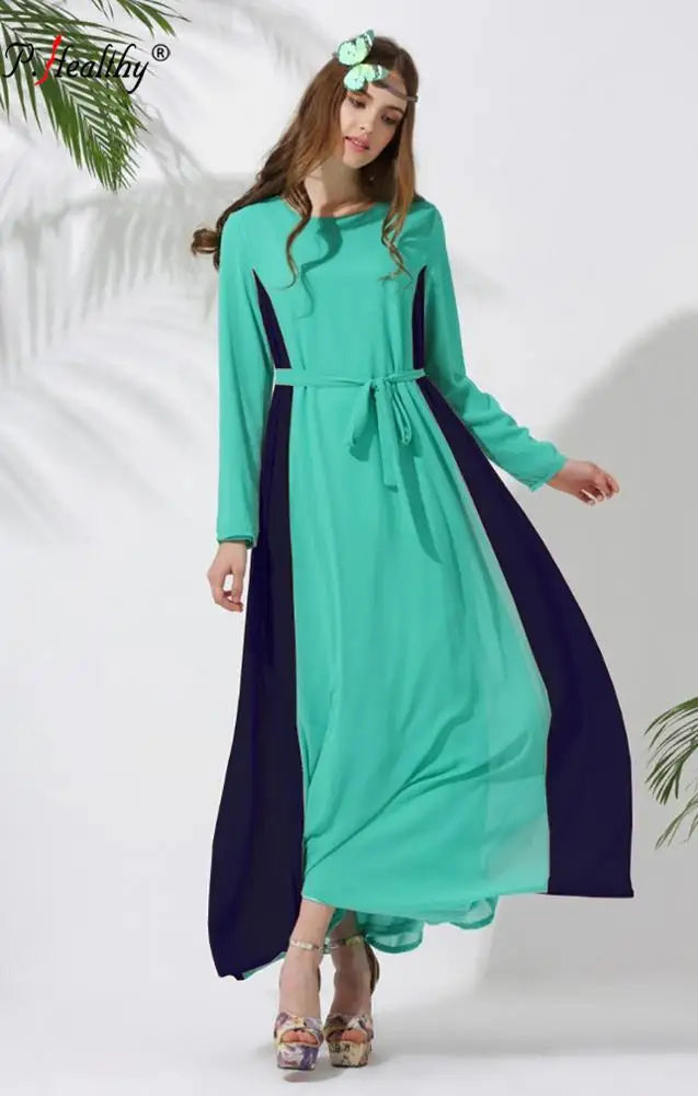 2020 New Arrival Chiffon Splicing Long Sleeve Islamic Clothing Maxi Dress Women Plus Size Abaya Muslim Dresses