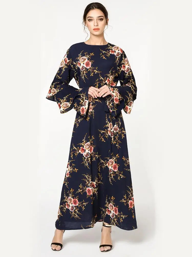 YSMARKET Women Islamic Dress Floral Embroidery Long Sleeve Tassels O Neck Muslim Dress Blue White Striped Maxi Dress
