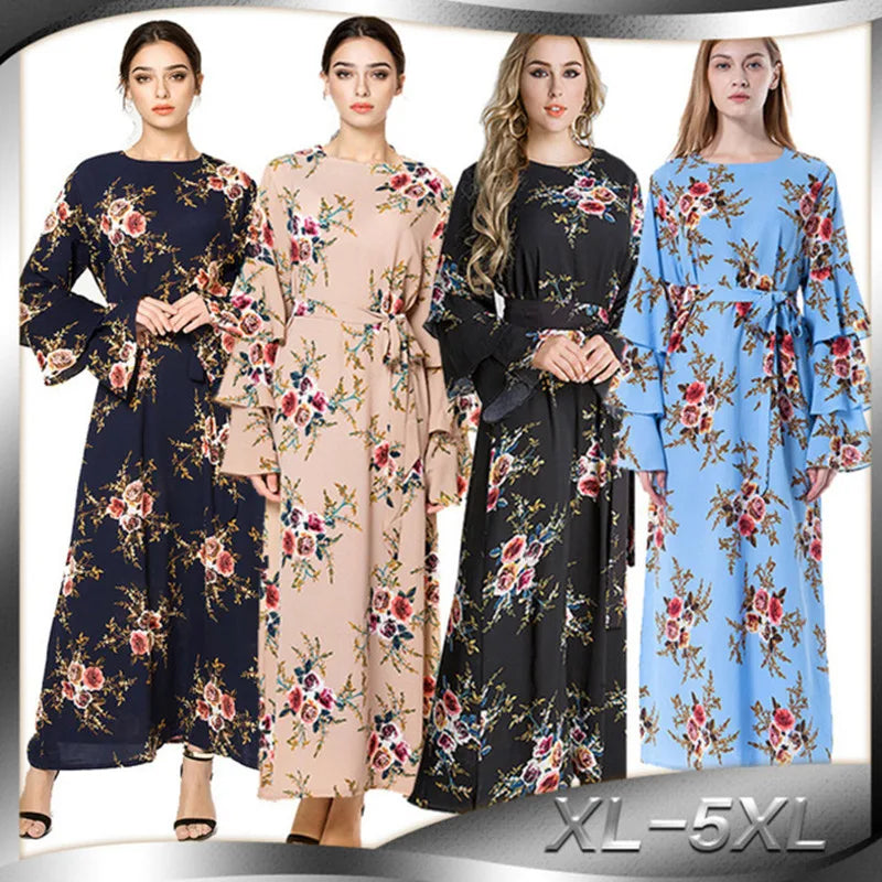 YSMARKET Women Islamic Dress Floral Embroidery Long Sleeve Tassels O Neck Muslim Dress Blue White Striped Maxi Dress