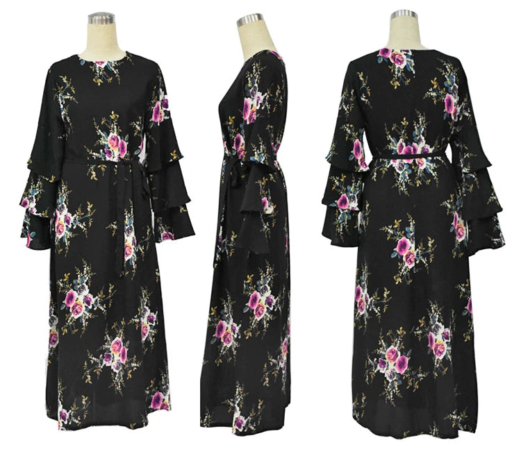 YSMARKET Women Islamic Dress Floral Embroidery Long Sleeve Tassels O Neck Muslim Dress Blue White Striped Maxi Dress