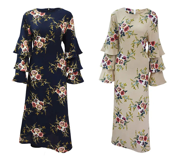 YSMARKET Women Islamic Dress Floral Embroidery Long Sleeve Tassels O Neck Muslim Dress Blue White Striped Maxi Dress