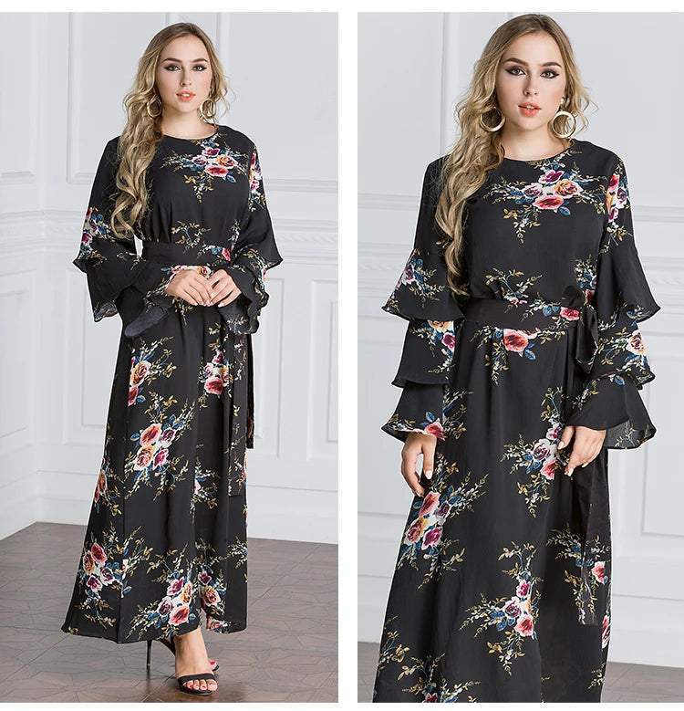 YSMARKET Women Islamic Dress Floral Embroidery Long Sleeve Tassels O Neck Muslim Dress Blue White Striped Maxi Dress