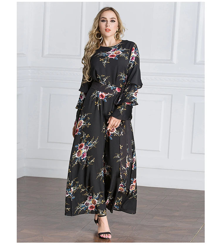 YSMARKET Women Islamic Dress Floral Embroidery Long Sleeve Tassels O Neck Muslim Dress Blue White Striped Maxi Dress