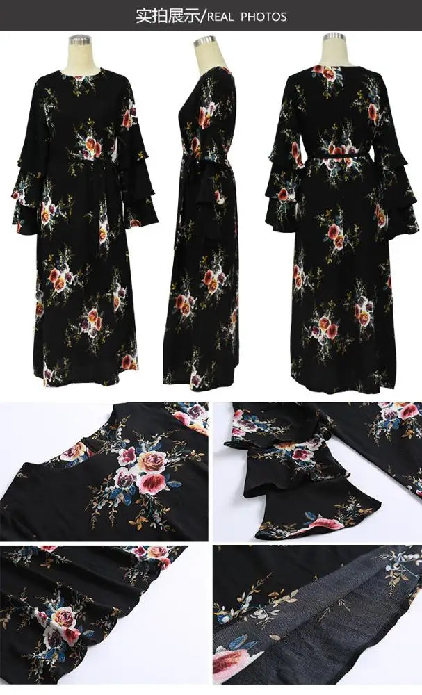YSMARKET Women Islamic Dress Floral Embroidery Long Sleeve Tassels O Neck Muslim Dress Blue White Striped Maxi Dress