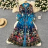 Spring Vintage Tunic Slim Pleated Midi Dress For Women Empire Printed Lace Dress