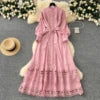Vintage Tunic Bandage Casual Midi Dress For Women Lantern Sleeve Empire Patchwork Hollow Out Lace Dress