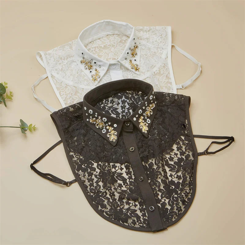 LHY Elegant Detachable Lace Shirt Collar Women Fake Collar Fashion Embroidery Ruffles Chiffon Beaded Crystal Floral Design