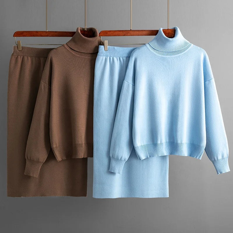 Fashion Two Piece Set Autumn and Winter New Knitted Set for Ladies Outer Wear High Collar Sweater Skirt Set Female Wholesale